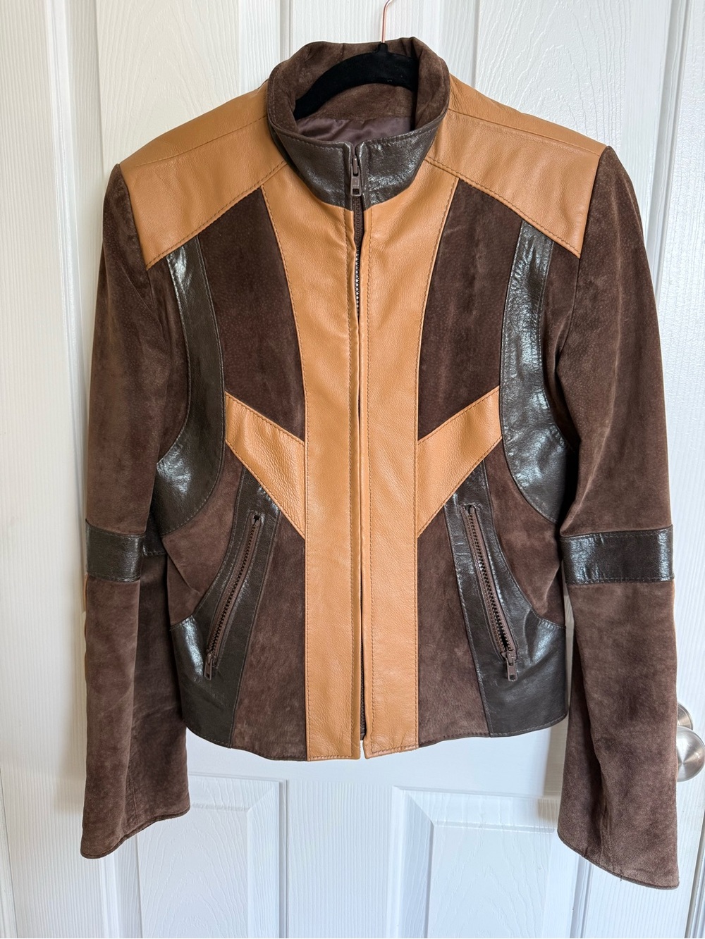 Colorblock Brown & Tan Leather-Suede Zip Front Jacket